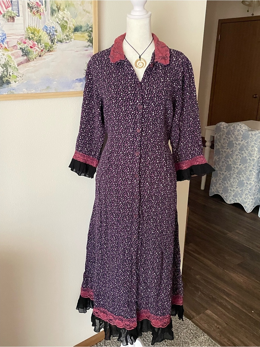 April Cornell Vintage 90s Grunge Cottage Floral Lace Trim Midi Maxi Dress Medium